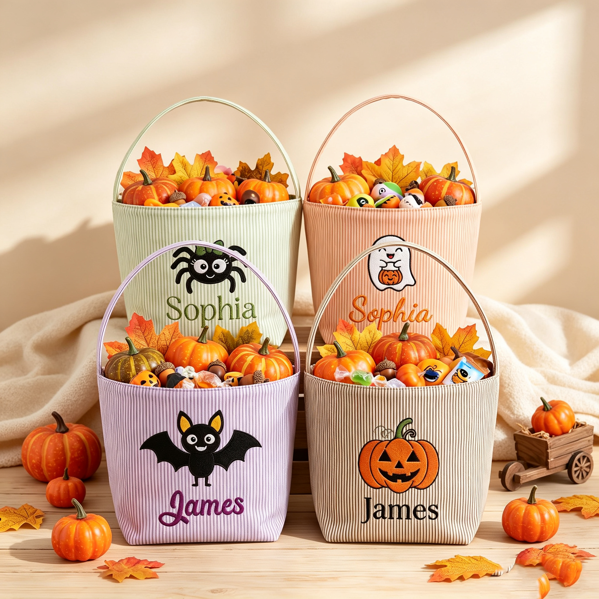 Personalized Halloween Trick or Treat Basket, Custom Embroidered Name Candy Bag for Kids, Pumpkin Bat Spider Halloween Bucket, Halloween Gift for Boys & Girls