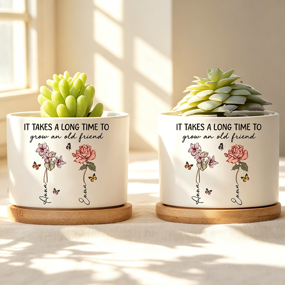 Personalized Friendship Flower Plant Pot with Name, Custom Birth Month Flower Ceramic Planter, Best Friend Gift