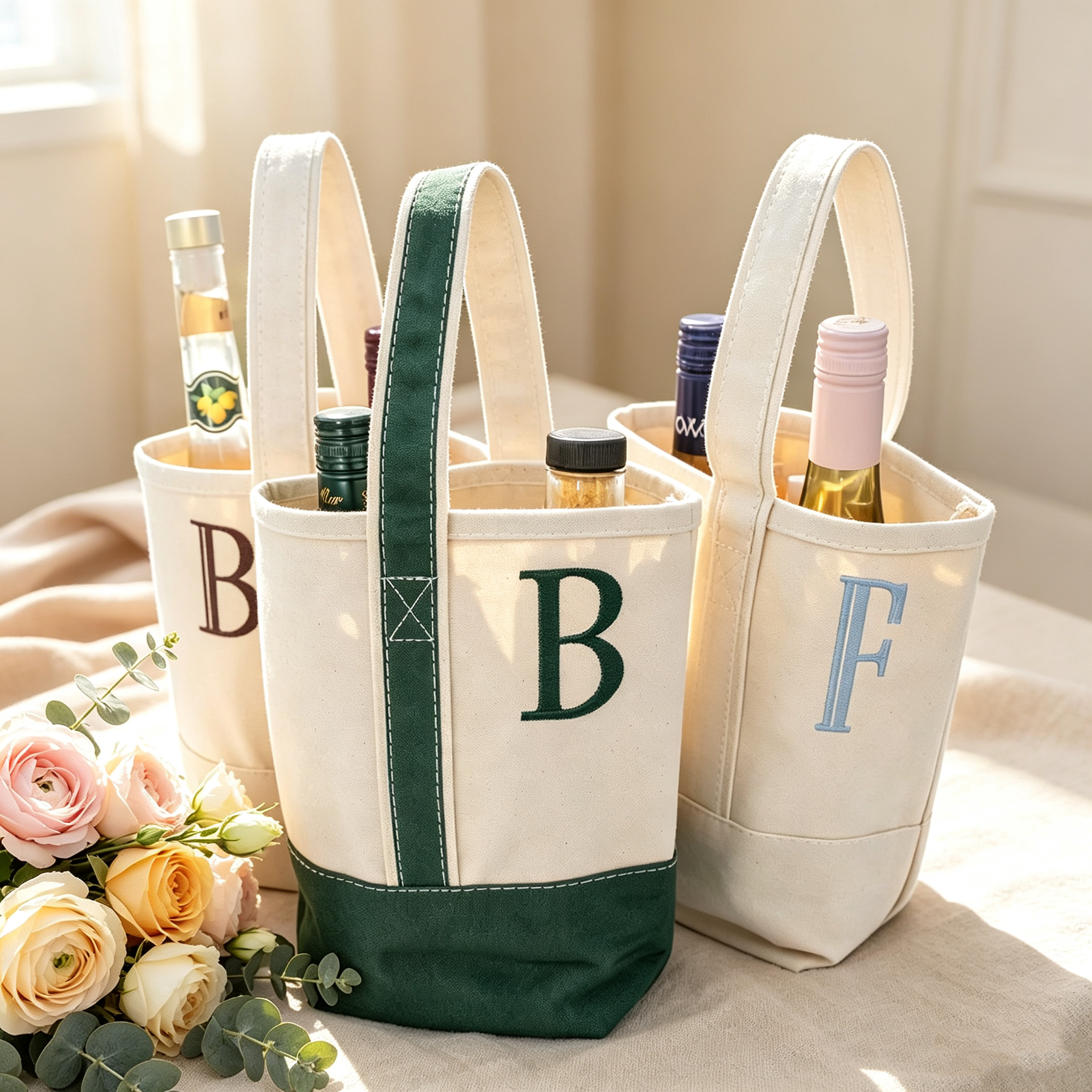 Personalized Bridesmaid Wine Tote Bag, Custom Embroidered Initial Canvas Bottle Carrier, Bridal Party Gift, Wedding Weekend Gift for Bridesmaids