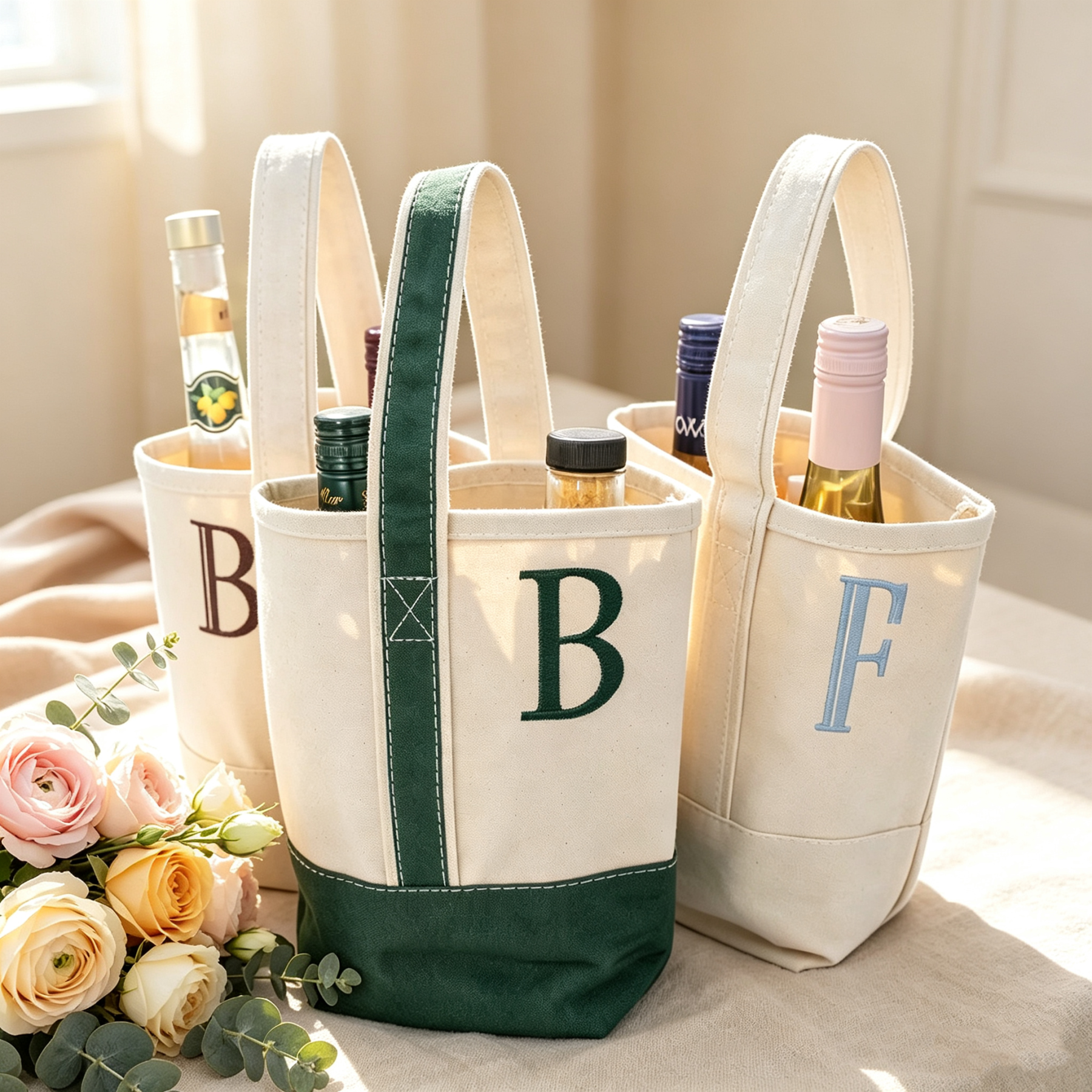 Personalized Bridesmaid Wine Tote Bag, Custom Embroidered Initial Canvas Bottle Carrier, Bridal Party Gift, Wedding Weekend Gift for Bridesmaids