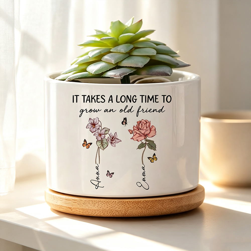 Personalized Friendship Flower Plant Pot with Name, Custom Birth Month Flower Ceramic Planter, Best Friend Gift
