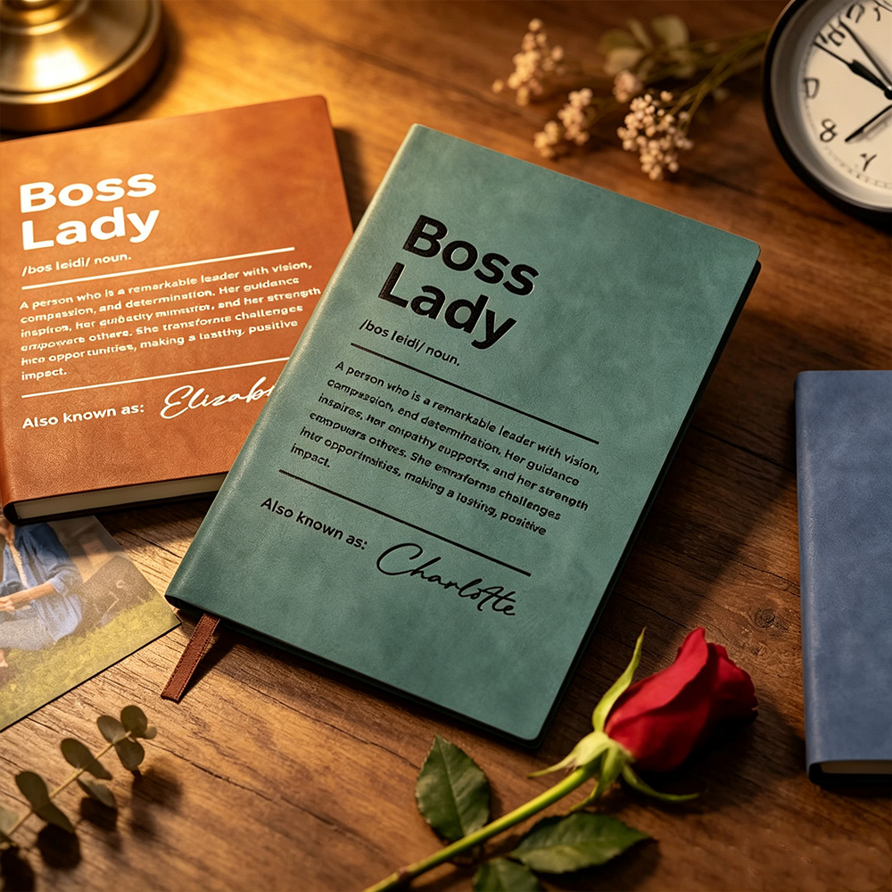 Personalized Boss Lady Definition PU Leather Notebook with Name, 200 Lined Pages, Birthday or Appreciation Gift for Women