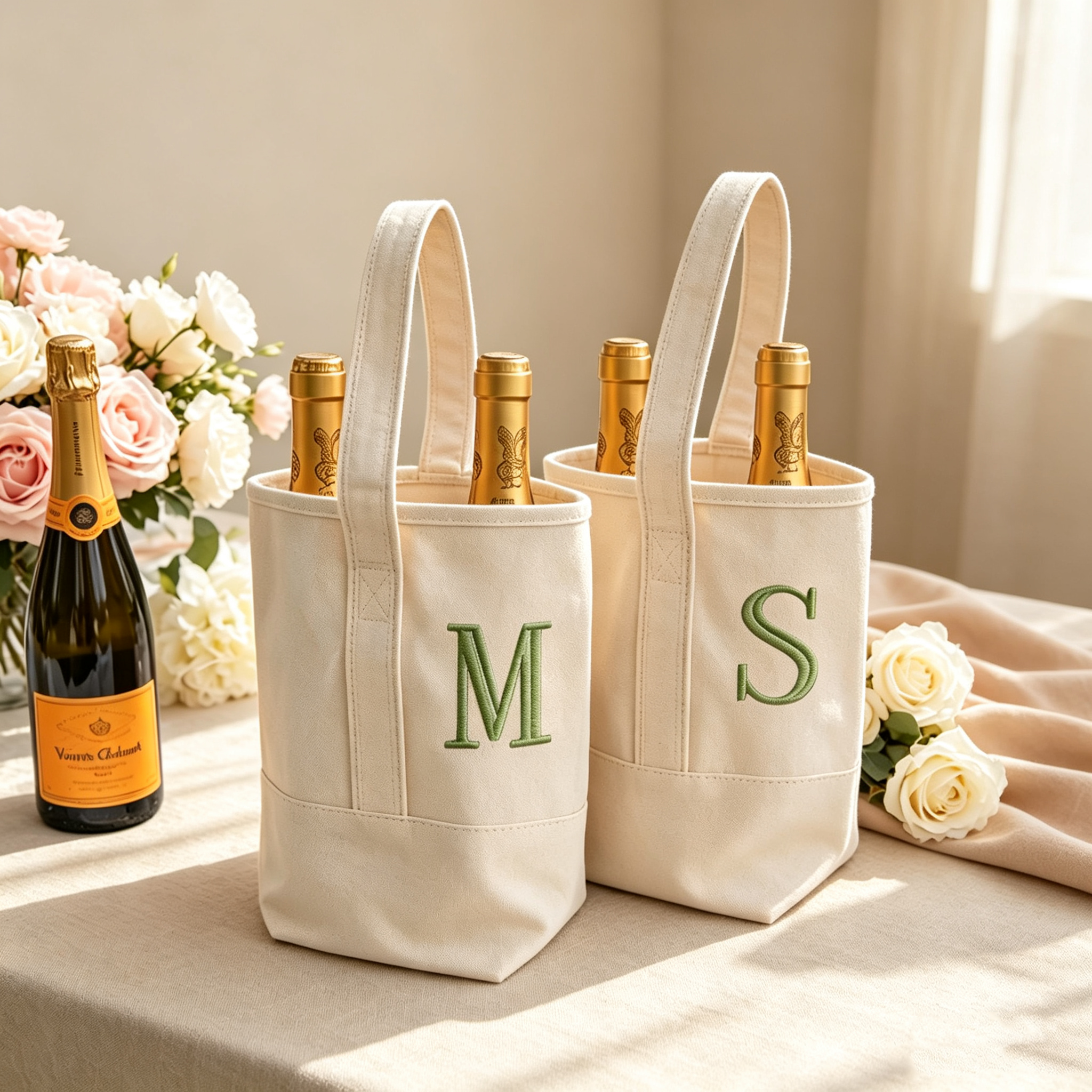 Personalized Bridesmaid Wine Tote Bag, Custom Embroidered Initial Canvas Bottle Carrier, Bridal Party Gift, Wedding Weekend Gift for Bridesmaids