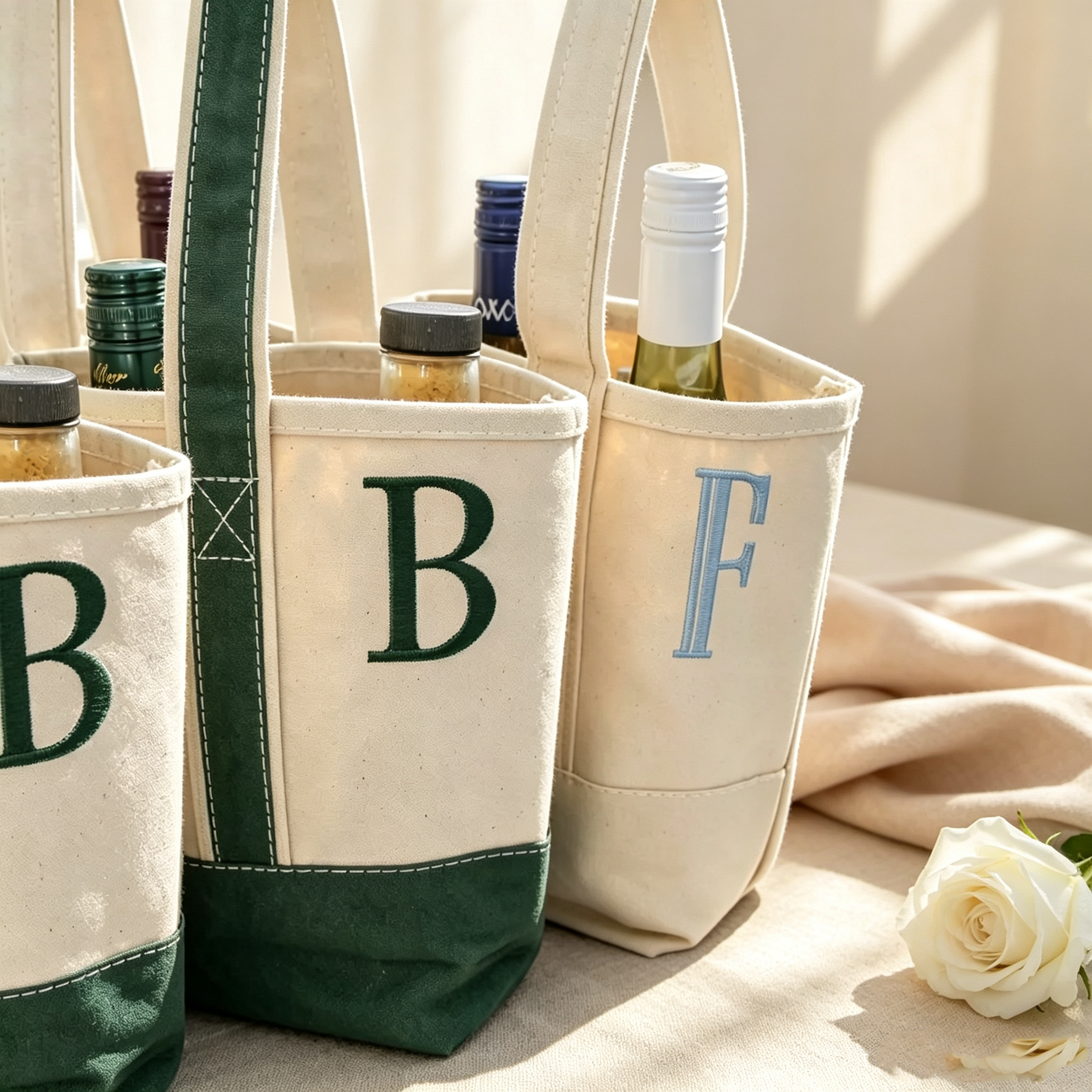 Personalized Bridesmaid Wine Tote Bag, Custom Embroidered Initial Canvas Bottle Carrier, Bridal Party Gift, Wedding Weekend Gift for Bridesmaids