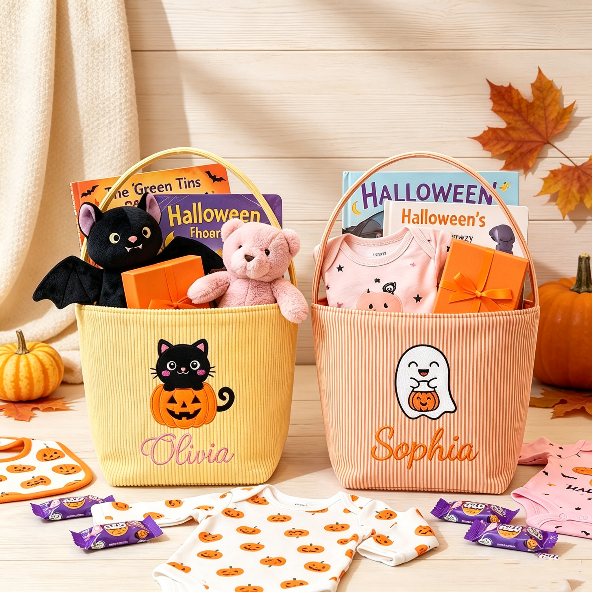 Personalized Halloween Trick or Treat Basket, Custom Embroidered Name Candy Bag for Kids, Pumpkin Bat Spider Halloween Bucket, Halloween Gift for Boys & Girls