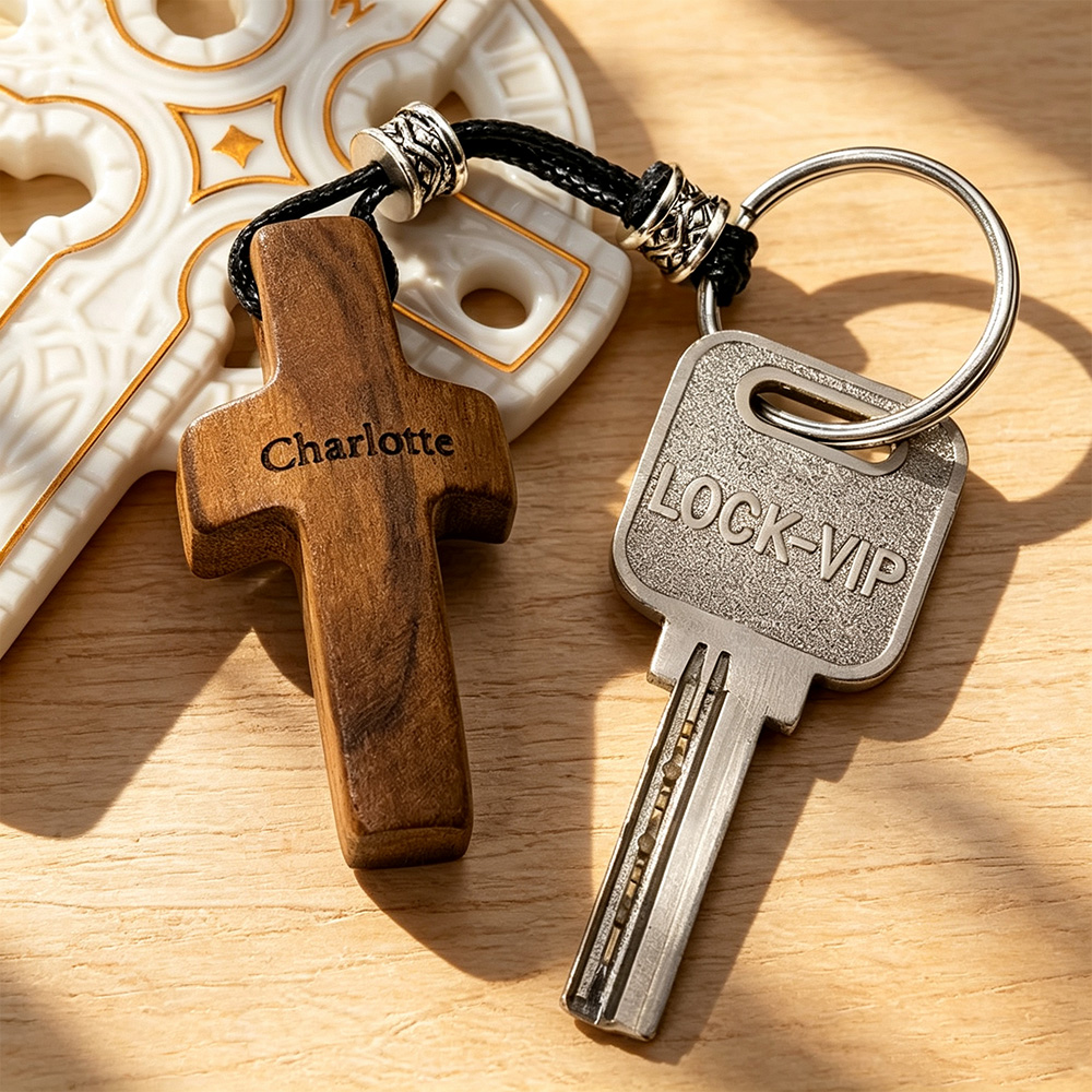 Personalized Wooden Cross Keychain with Initial, Name and Heart, Christian Baptism Easter Gift for Family and Friends