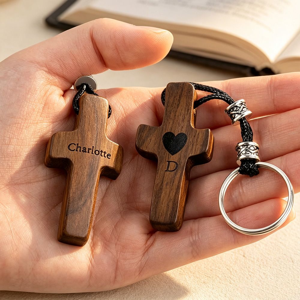 Personalized Wooden Cross Keychain with Initial, Name and Heart, Christian Baptism Easter Gift for Family and Friends