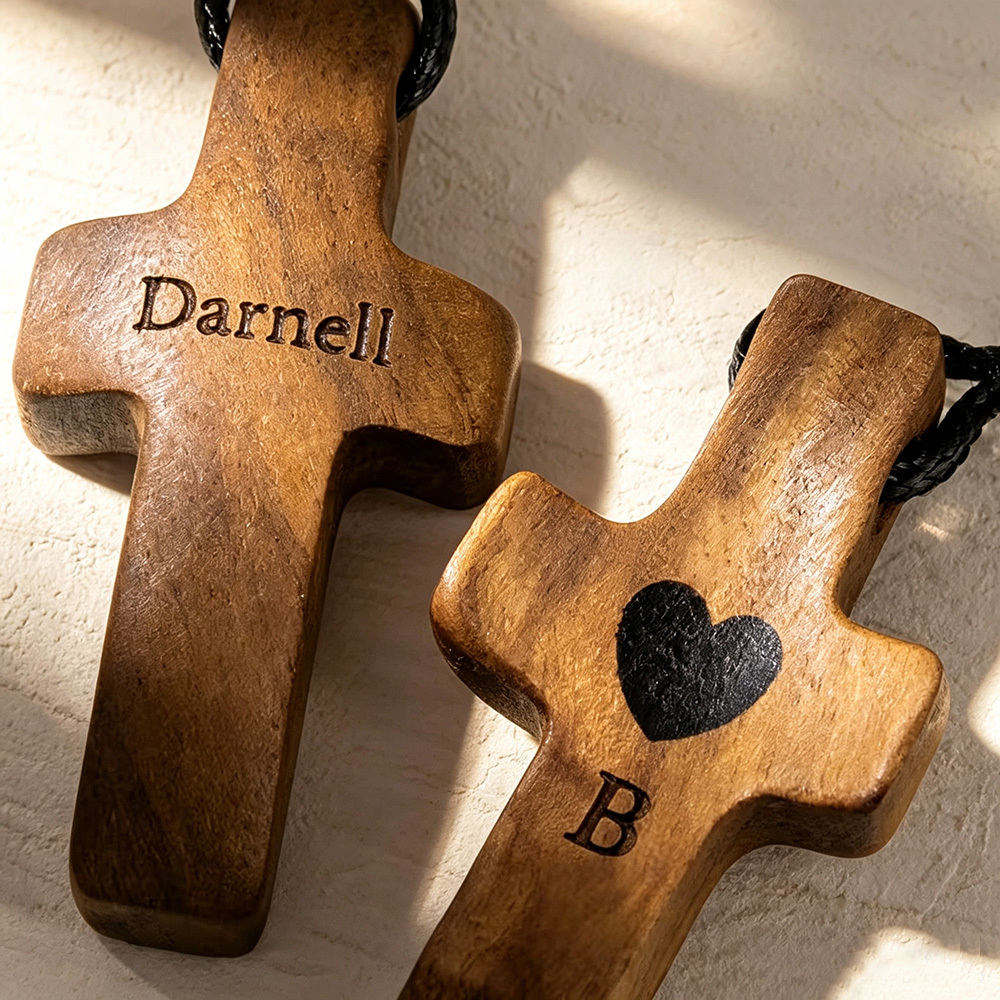 Personalized Wooden Cross Keychain with Initial, Name and Heart, Christian Baptism Easter Gift for Family and Friends
