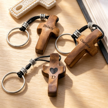 Personalized Wooden Cross Keychain with Initial, Name and Heart, Christian Baptism Easter Gift for Family and Friends