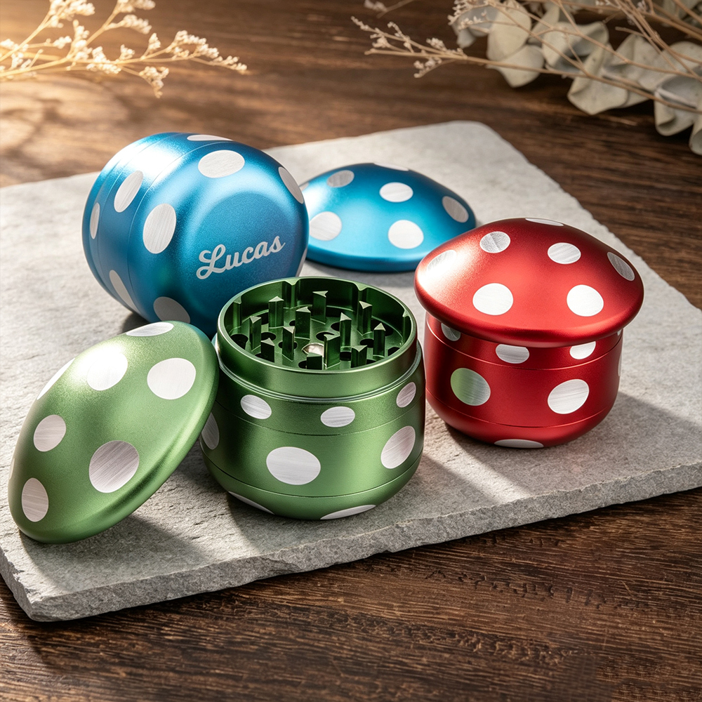 Personalized Mushroom-Shaped Metal Grinder with Name, Mesh Sieve and Mini Scraper, Birthday Gift for Adults