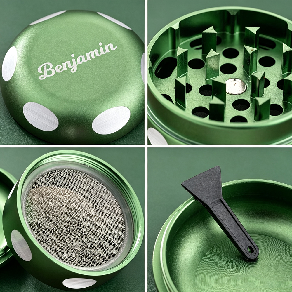 Personalized Mushroom-Shaped Metal Grinder with Name, Mesh Sieve and Mini Scraper, Birthday Gift for Adults