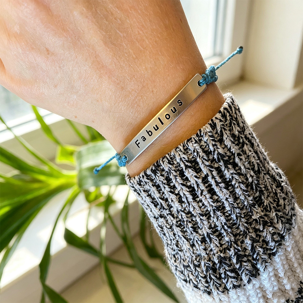 Personalized Stamped Bar Bracelet, Custom Name Bracelet, Handmade Adjustable Cord Bracelet, Inspirational Message Jewelry Gift for Her