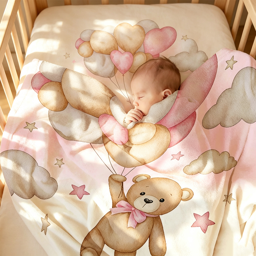 Personalized Teddy Bear Balloon Baby Blanket with First and Last Name, Soft Fleece Nursery Blanket, Baby Shower Birthday Gift for Newborns and Kids