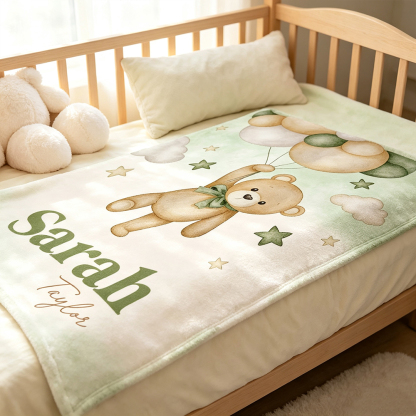 Personalized Teddy Bear Balloon Baby Blanket with First and Last Name, Soft Fleece Nursery Blanket, Baby Shower Birthday Gift for Newborns and Kids