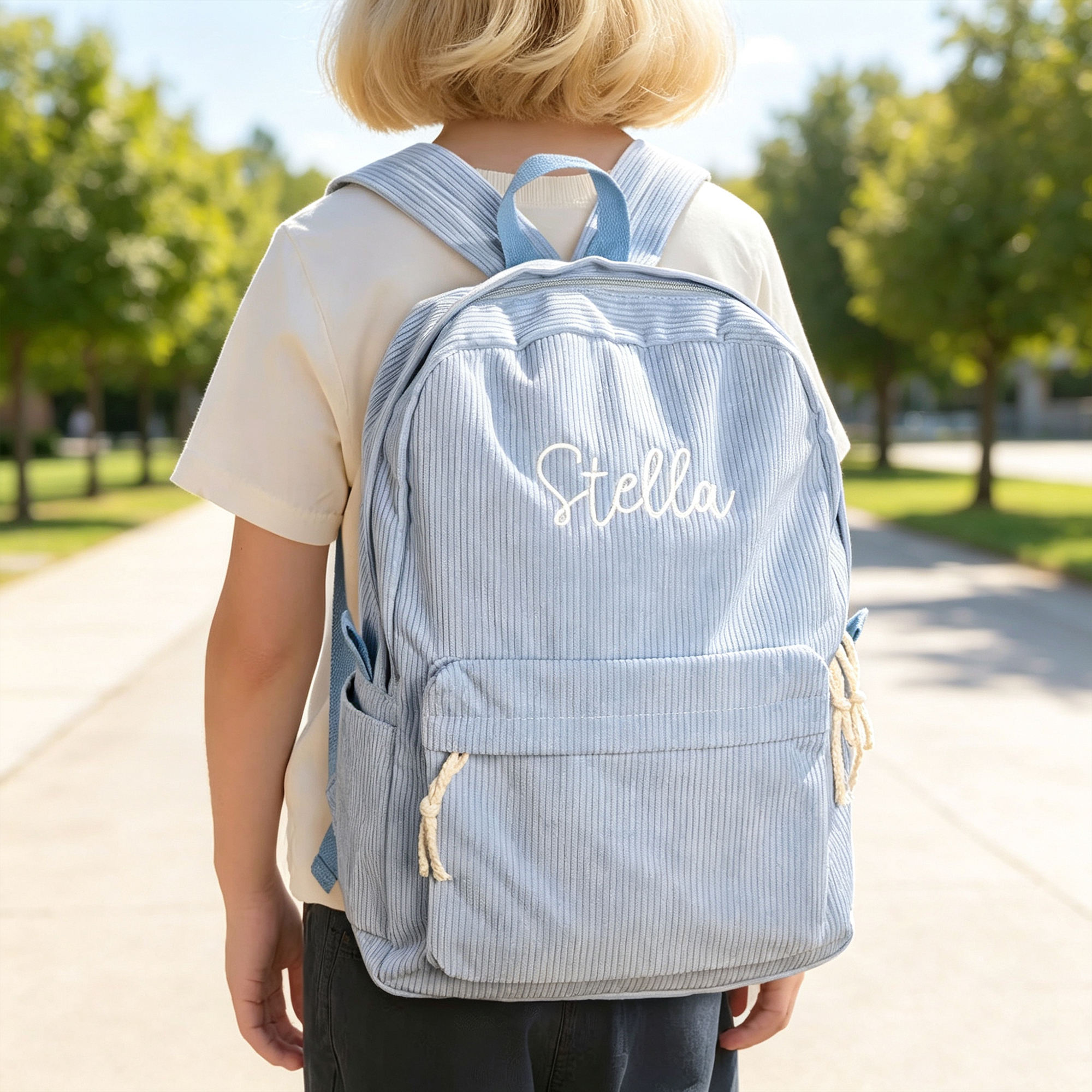 Personalised Corduroy Kids Backpack with Embroidered Name, Lightweight Toddler School Bag, Birthday and Back-to-School Gift