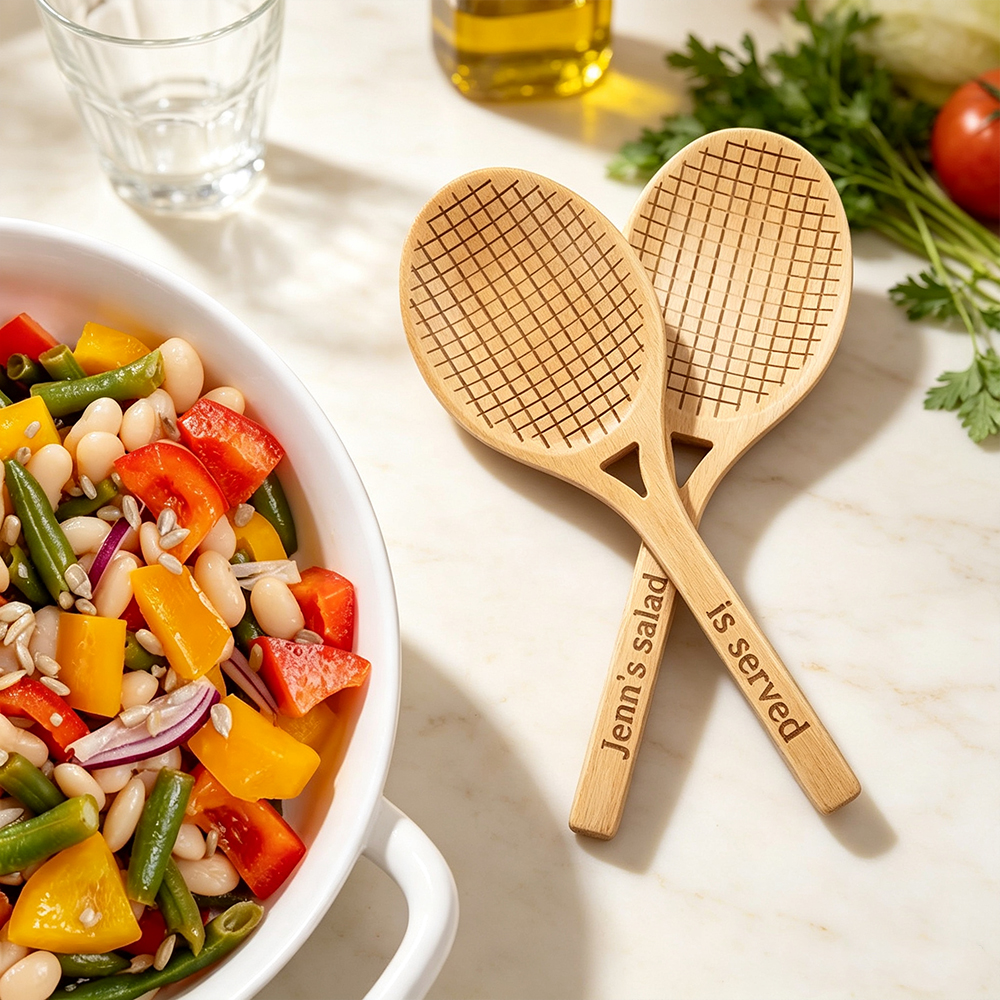 Personalized Wooden Tennis Racket Salad Servers Set with Engraved Text Custom Kitchen Utensils Gift for Tennis Lovers