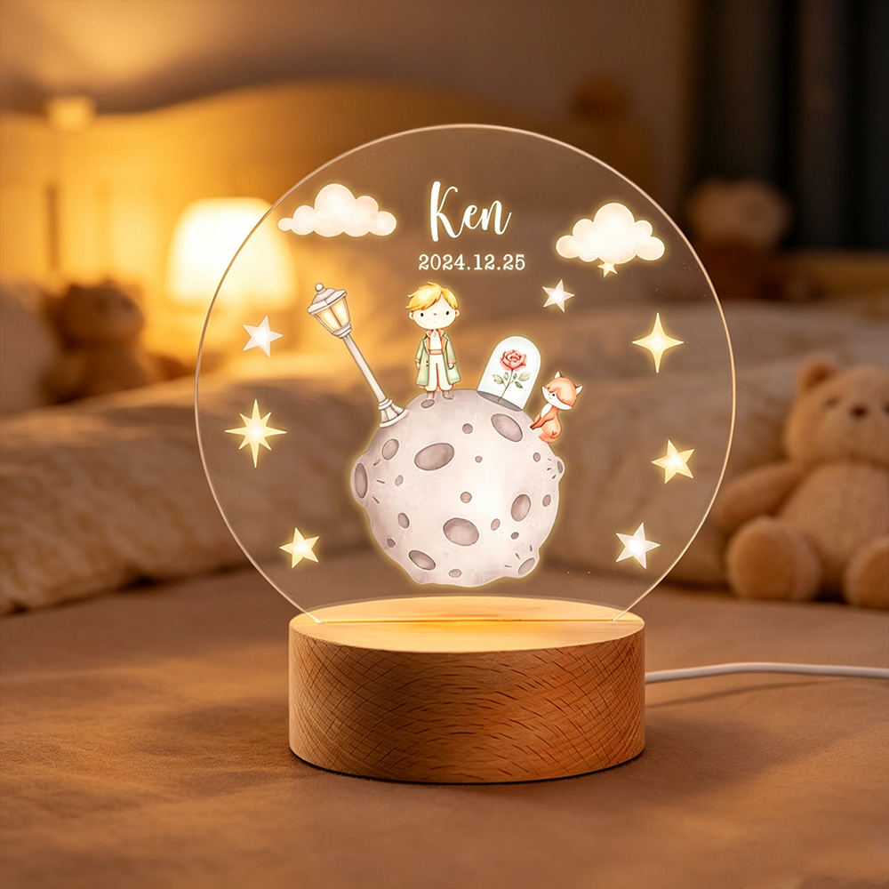Personalized Prince Fox LED Night Light with Name, Acrylic Nursery Lamp with Wooden Base, Birthday Gift for Kids