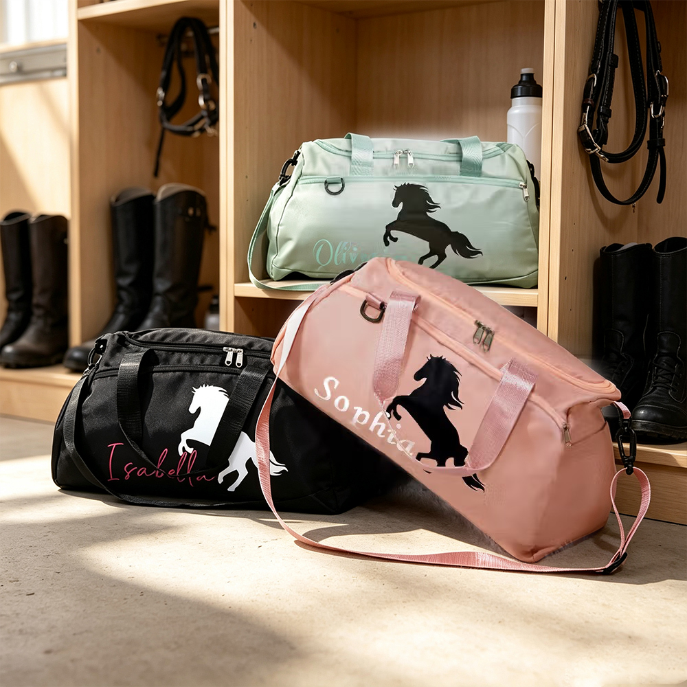 Personalised Horse Riding Duffel Bag with Name, Waterproof Large Capacity Travel Sports Bag, Equestrian Gift for Horse Lovers