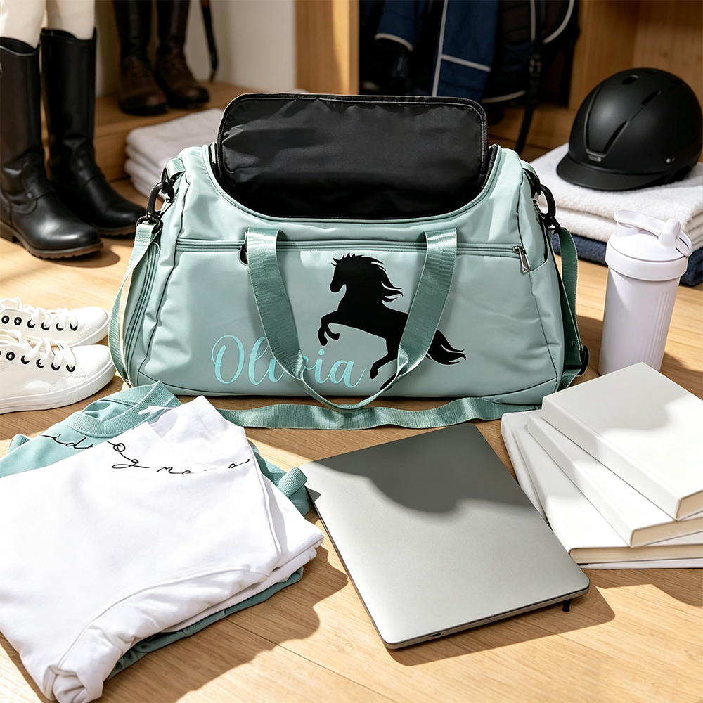 Personalised Horse Riding Duffel Bag with Name, Waterproof Large Capacity Travel Sports Bag, Equestrian Gift for Horse Lovers