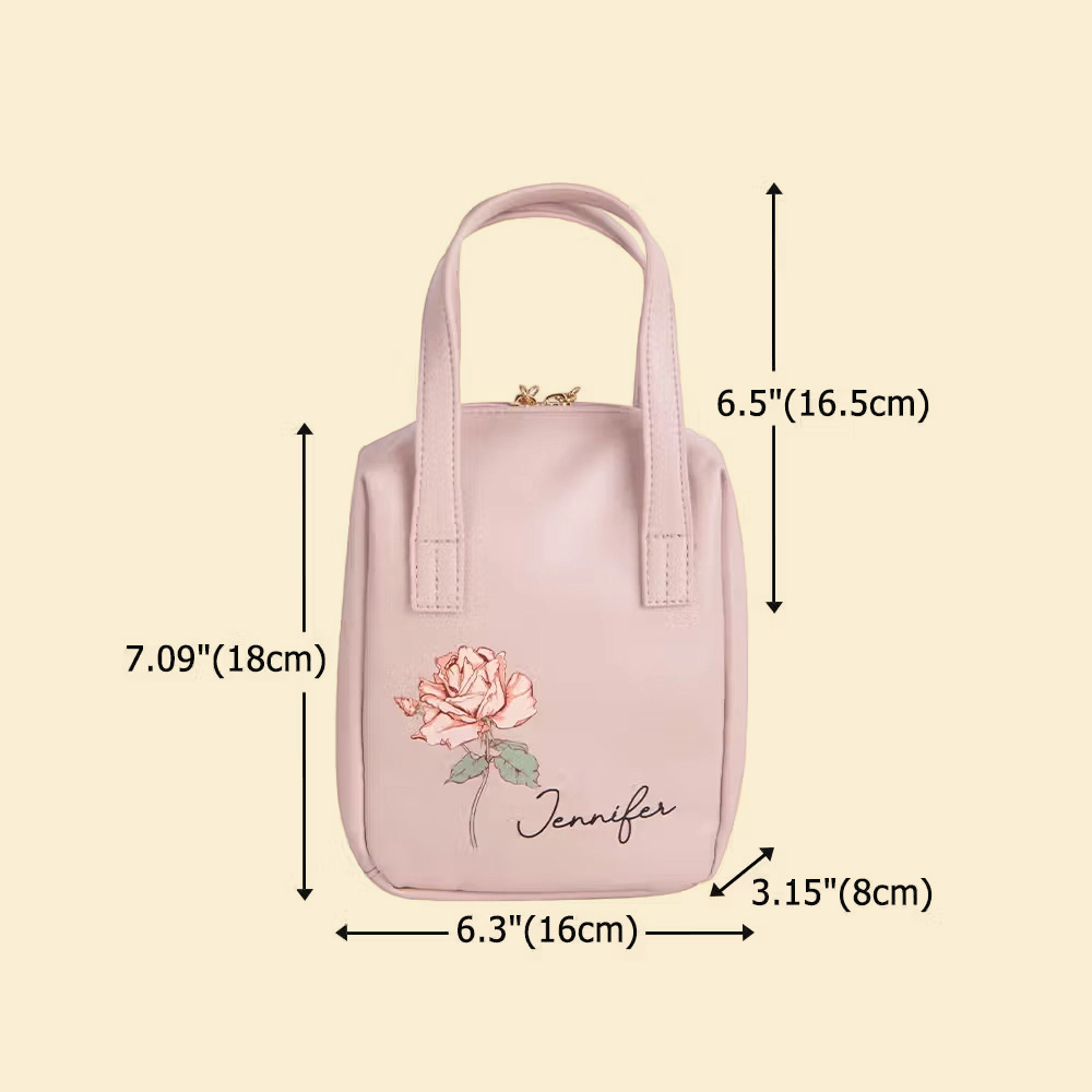 Personalized Birth Flower Makeup Bag with Custom Name, PU Leather Travel Cosmetic Case with Handle, Birthday Gift for Women