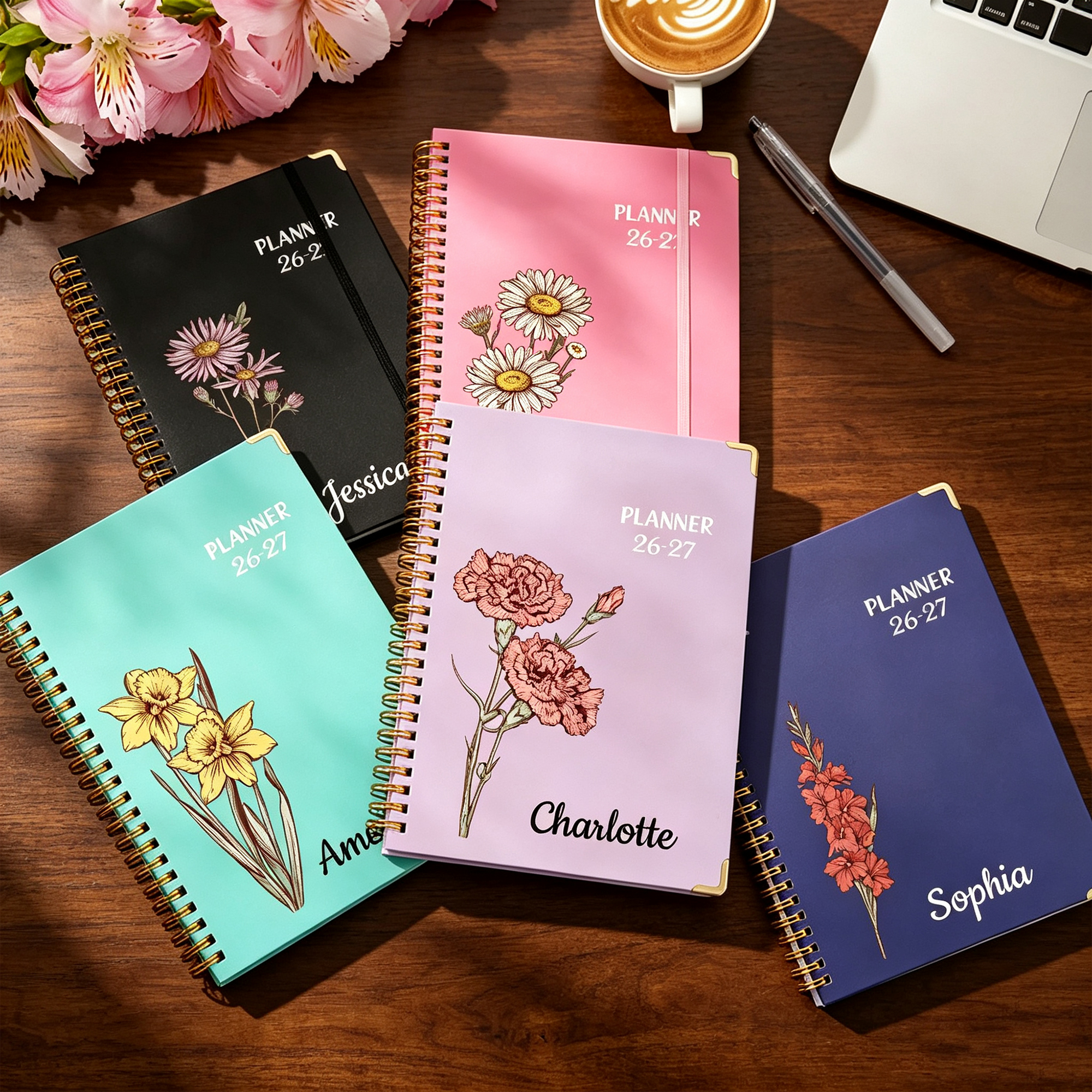 Personalized 2026–2027 Birth Flower Planner with Custom Name, A5 Spiral Weekly and Monthly Organizer, New Year Gift