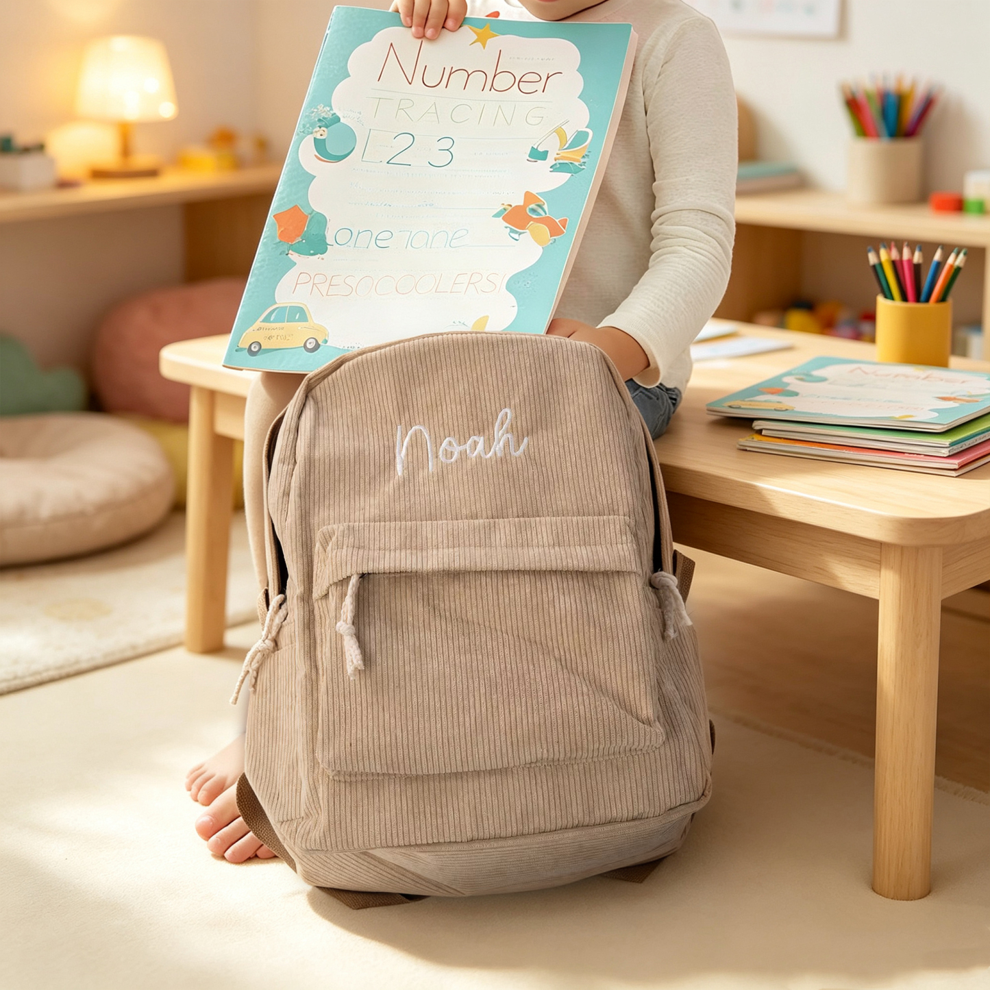 Personalised Corduroy Kids Backpack with Embroidered Name, Lightweight Toddler School Bag, Birthday and Back-to-School Gift