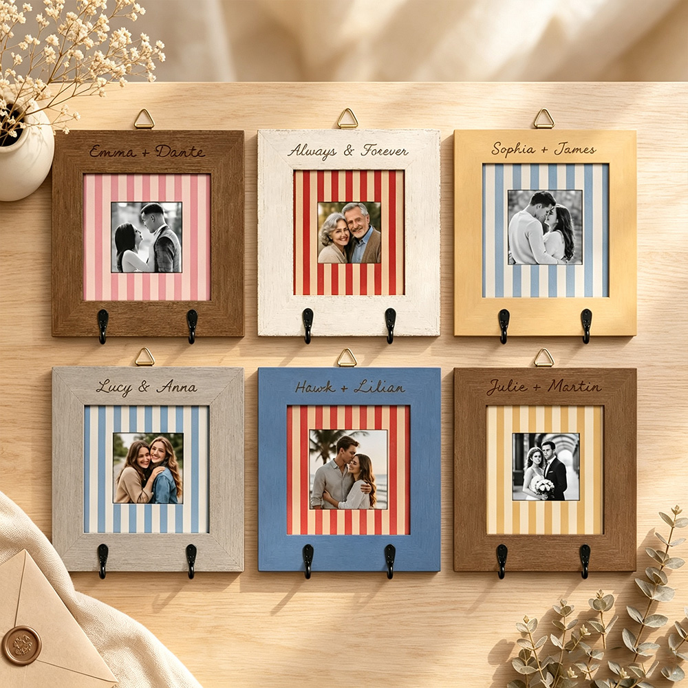 Personalized Couple Photo Key Holder, Custom Name Wooden Key Rack, Entryway Wall Decor, Housewarming Gift