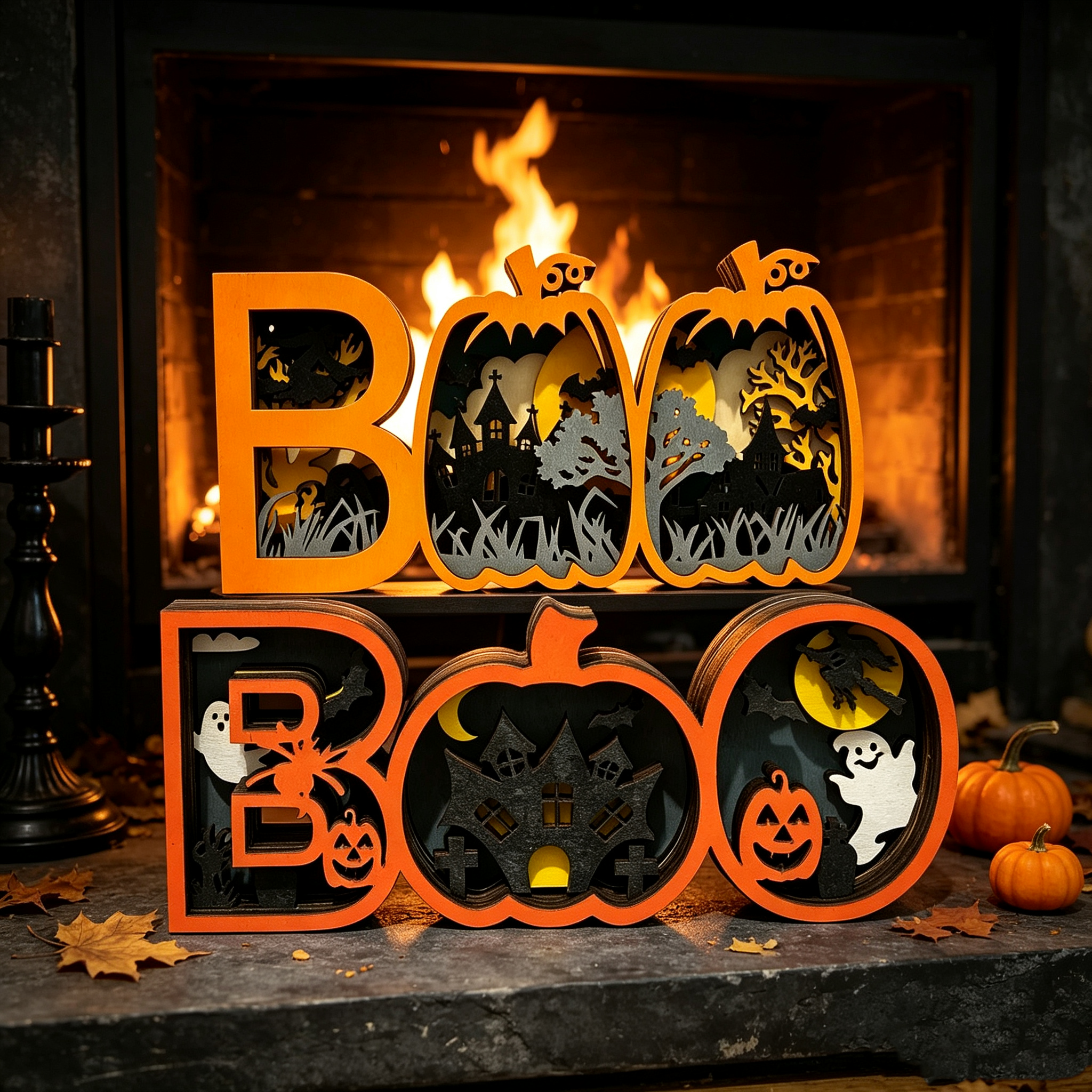 Light-Up Wooden BOO Halloween Sign – 3D Layered Ghost & Pumpkin Tabletop Decor, Spooky Seasonal Home Decoration