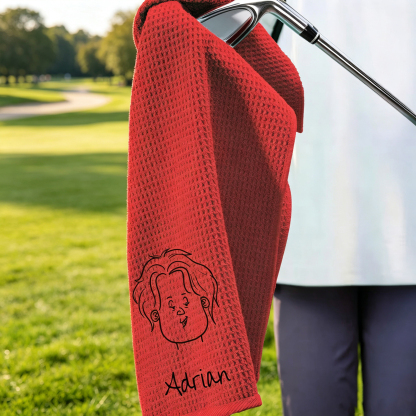 Personalized Comic Style Golf Towel with Name, Custom Character Waffle Golf Towel with Hanging Clip, Golf Gift for Golf Lovers
