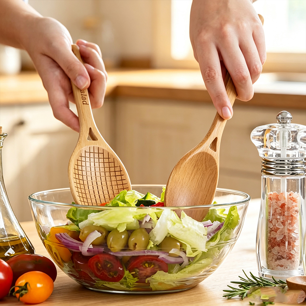 Personalized Wooden Tennis Racket Salad Servers Set with Engraved Text Custom Kitchen Utensils Gift for Tennis Lovers