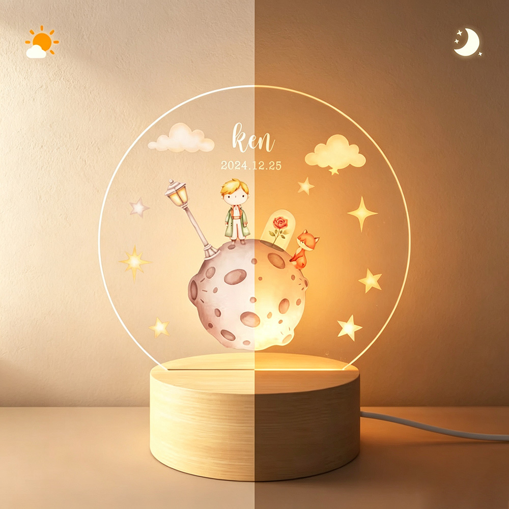 Personalized Prince Fox LED Night Light with Name, Acrylic Nursery Lamp with Wooden Base, Birthday Gift for Kids