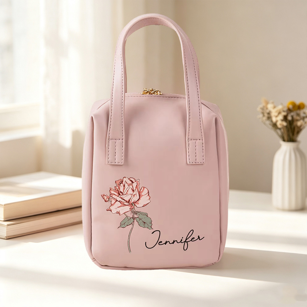 Personalized Birth Flower Makeup Bag with Custom Name, PU Leather Travel Cosmetic Case with Handle, Birthday Gift for Women