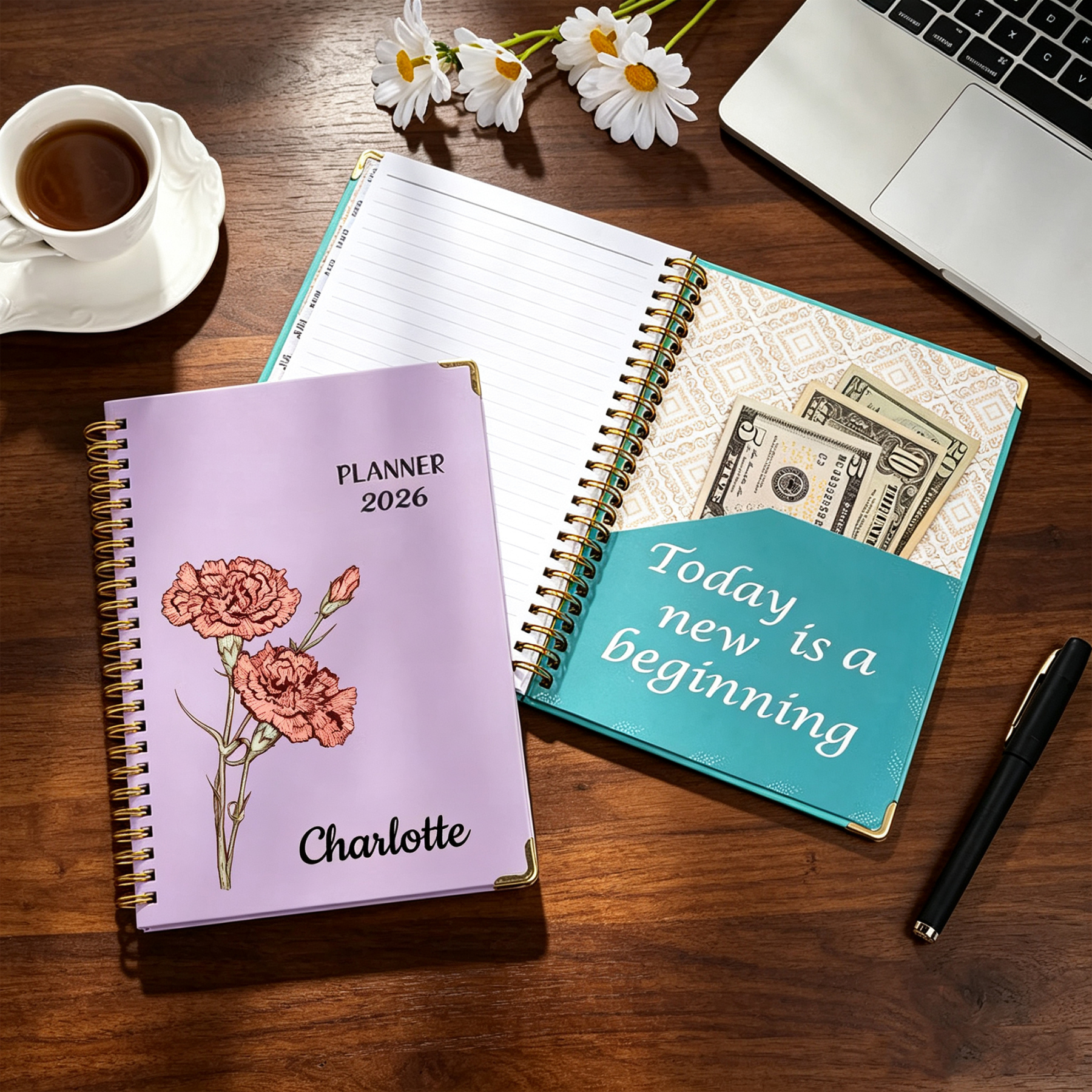 Personalized 2026–2027 Birth Flower Planner with Custom Name, A5 Spiral Weekly and Monthly Organizer, New Year Gift