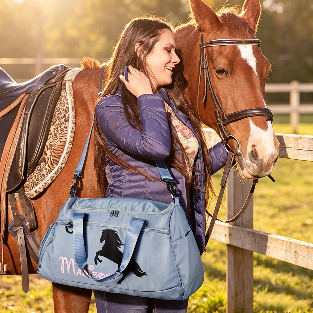 Personalised Horse Riding Duffel Bag with Name, Waterproof Large Capacity Travel Sports Bag, Equestrian Gift for Horse Lovers