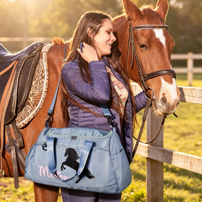 Personalised Horse Riding Duffel Bag with Name, Waterproof Large Capacity Travel Sports Bag, Equestrian Gift for Horse Lovers