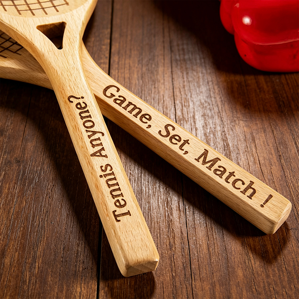 Personalized Wooden Tennis Racket Salad Servers Set with Engraved Text Custom Kitchen Utensils Gift for Tennis Lovers