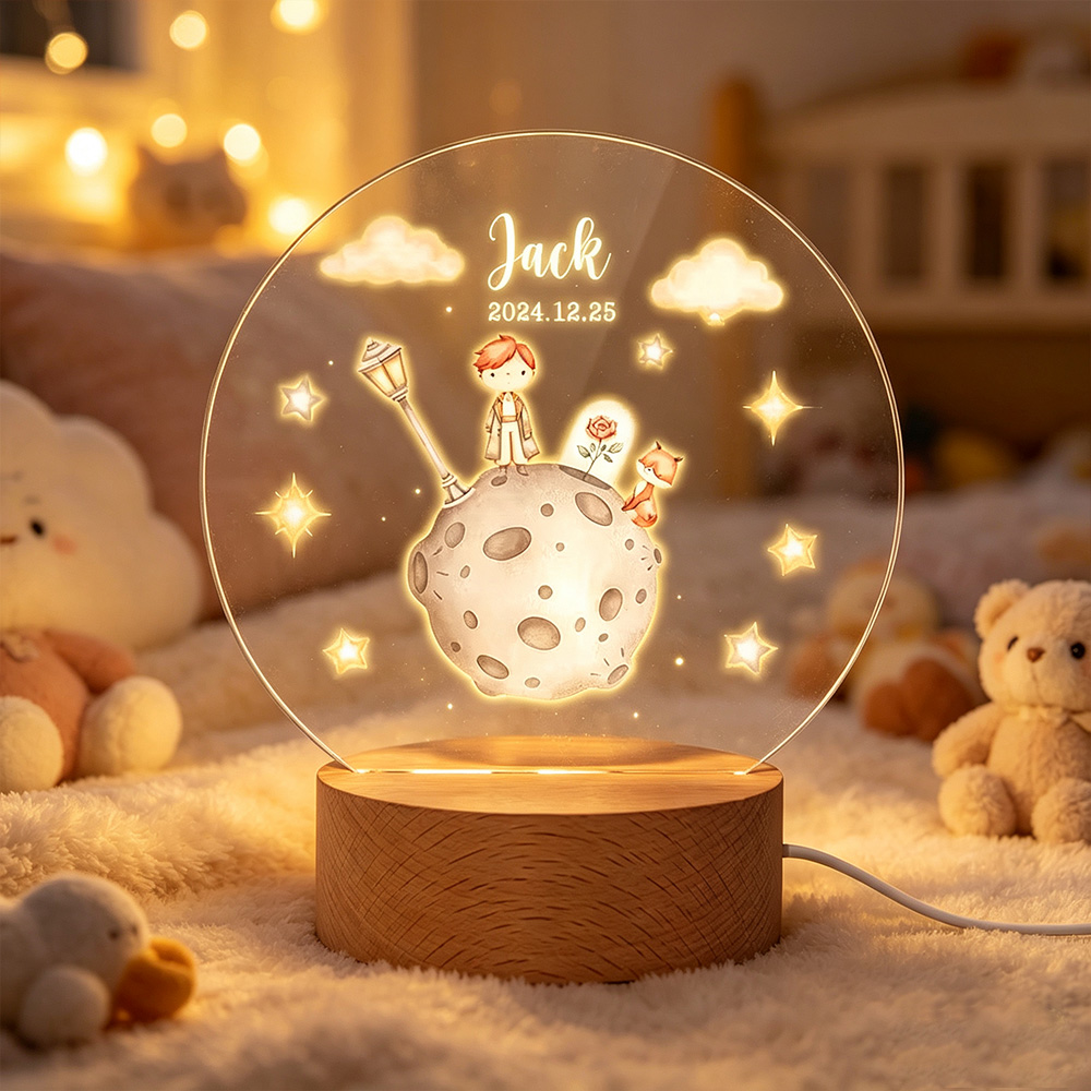 Personalized Prince Fox LED Night Light with Name, Acrylic Nursery Lamp with Wooden Base, Birthday Gift for Kids