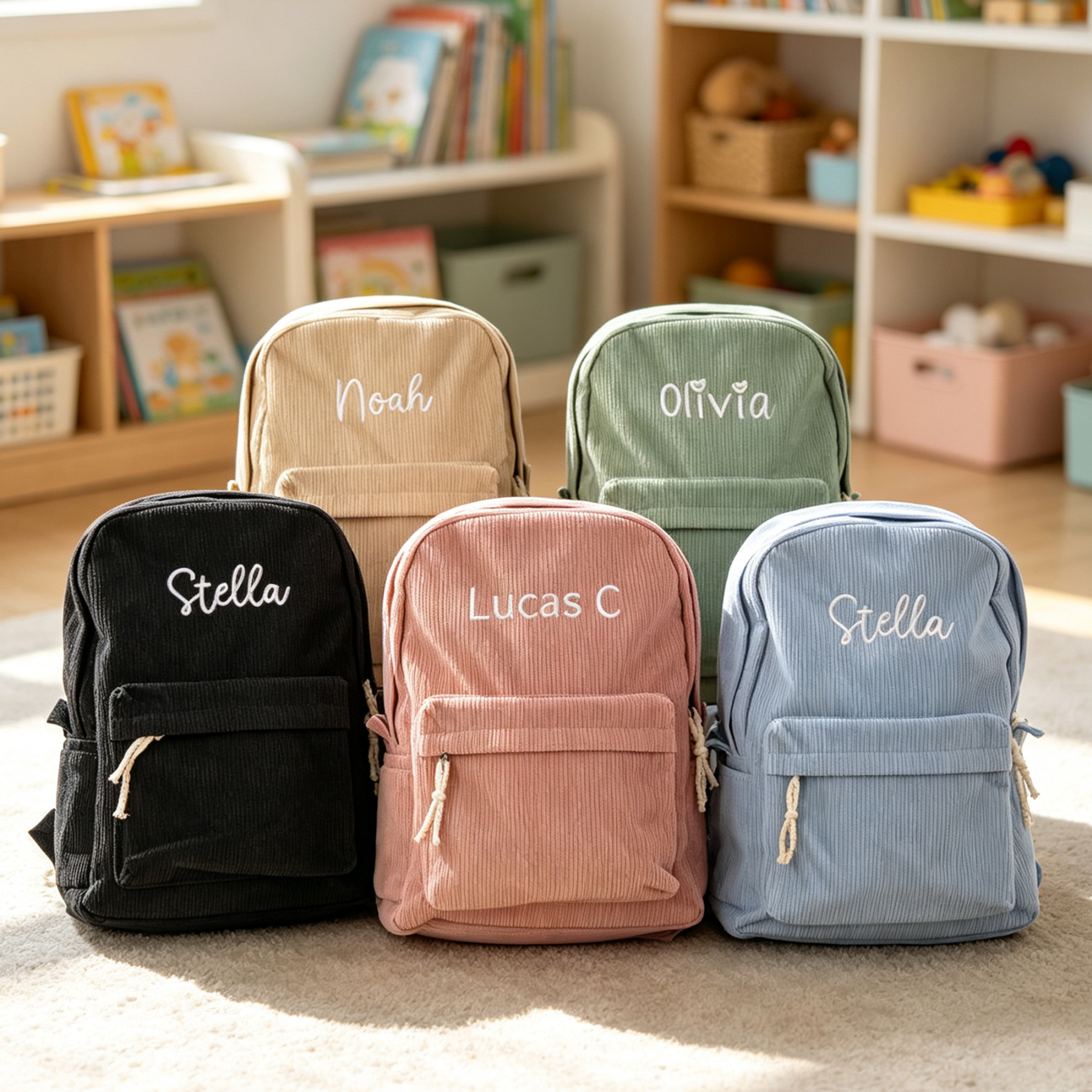 Personalised Corduroy Kids Backpack with Embroidered Name, Lightweight Toddler School Bag, Birthday and Back-to-School Gift