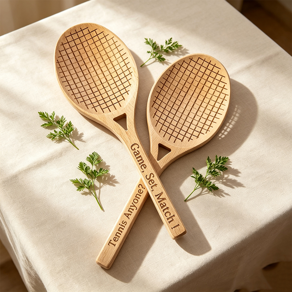 Personalized Wooden Tennis Racket Salad Servers Set with Engraved Text Custom Kitchen Utensils Gift for Tennis Lovers
