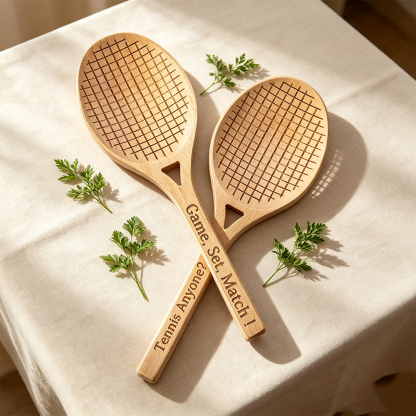 Personalized Wooden Tennis Racket Salad Servers Set with Engraved Text Custom Kitchen Utensils Gift for Tennis Lovers