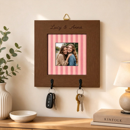 Personalized Couple Photo Key Holder, Custom Name Wooden Key Rack, Entryway Wall Decor, Housewarming Gift