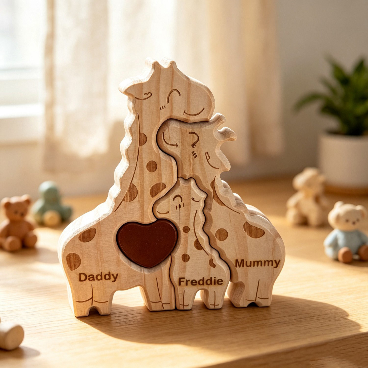 Personalized Wooden Giraffe Family Puzzle – Custom Engraved Name Keepsake for Mom, Dad & Kids – Handcrafted Home Decor Gift for Mother’s Day, Valentine’s Day & Family Milestones
