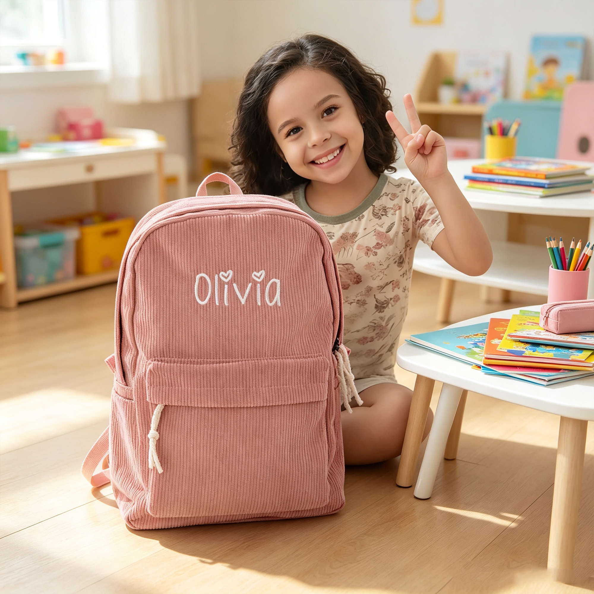 Personalised Corduroy Kids Backpack with Embroidered Name, Lightweight Toddler School Bag, Birthday and Back-to-School Gift