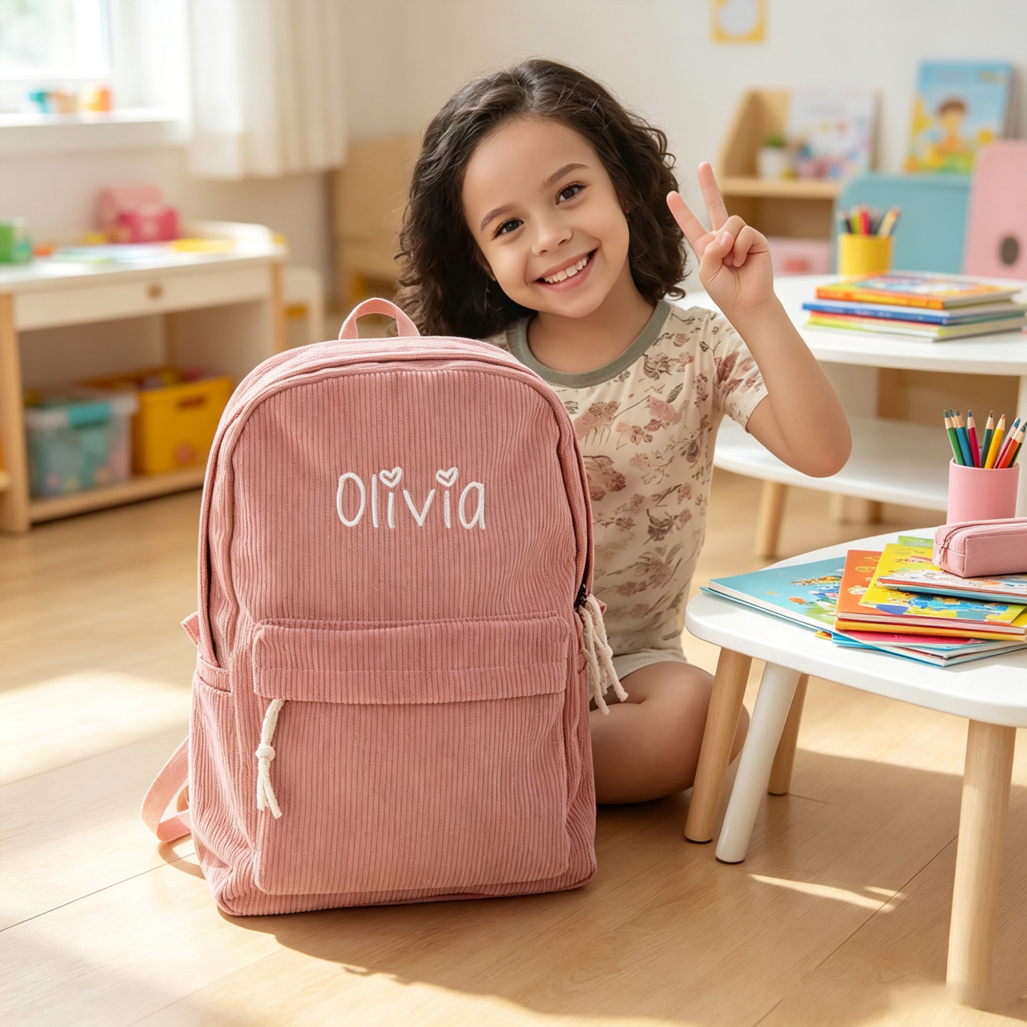 Personalised Corduroy Kids Backpack with Embroidered Name, Lightweight Toddler School Bag, Birthday and Back-to-School Gift