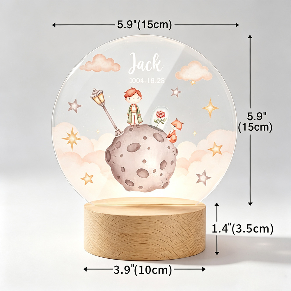 Personalized Prince Fox LED Night Light with Name, Acrylic Nursery Lamp with Wooden Base, Birthday Gift for Kids