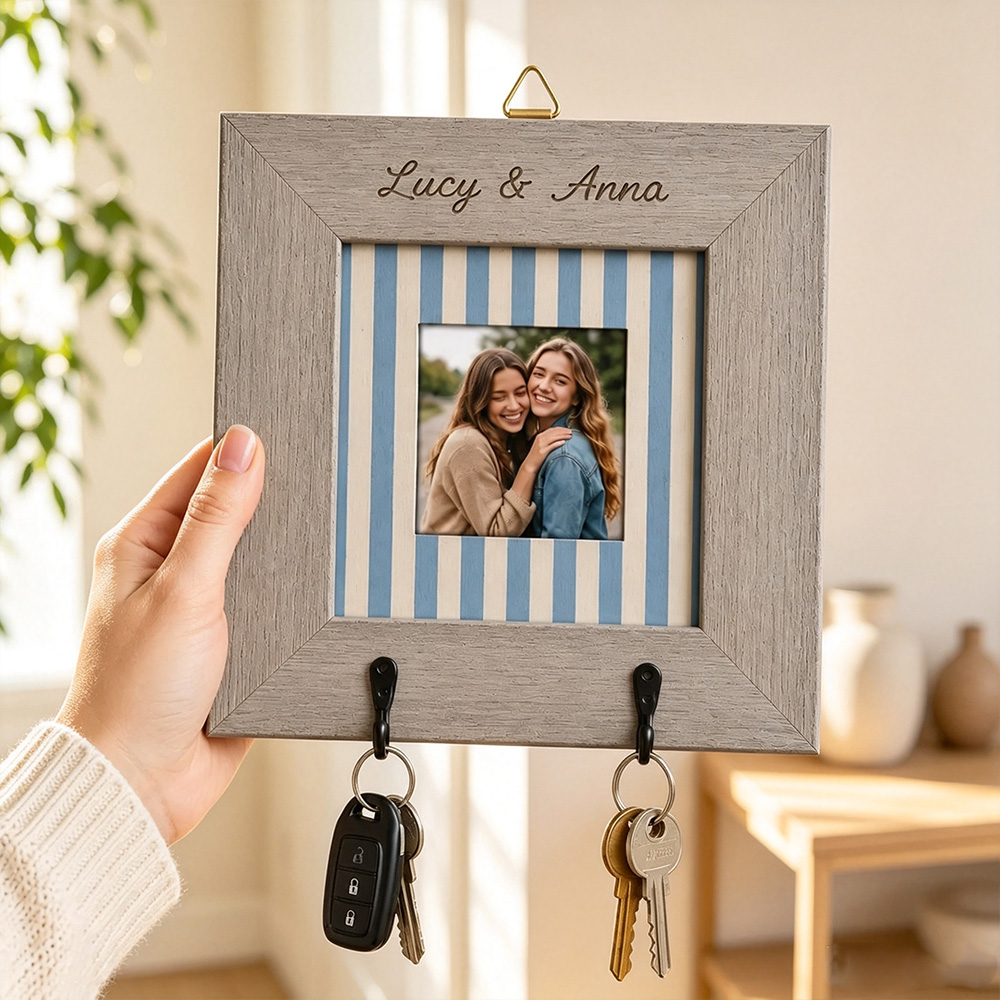 Personalized Couple Photo Key Holder, Custom Name Wooden Key Rack, Entryway Wall Decor, Housewarming Gift