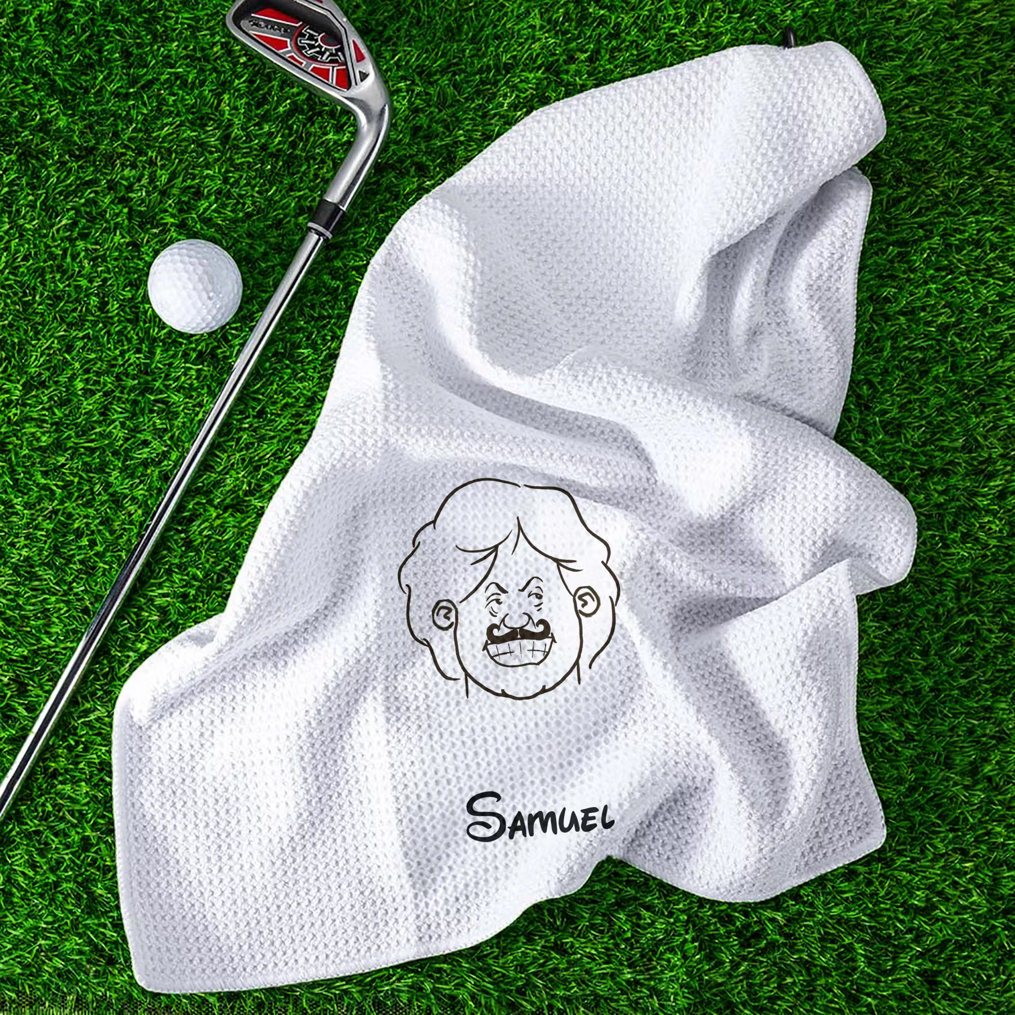 Personalized Comic Style Golf Towel with Name, Custom Character Waffle Golf Towel with Hanging Clip, Golf Gift for Golf Lovers