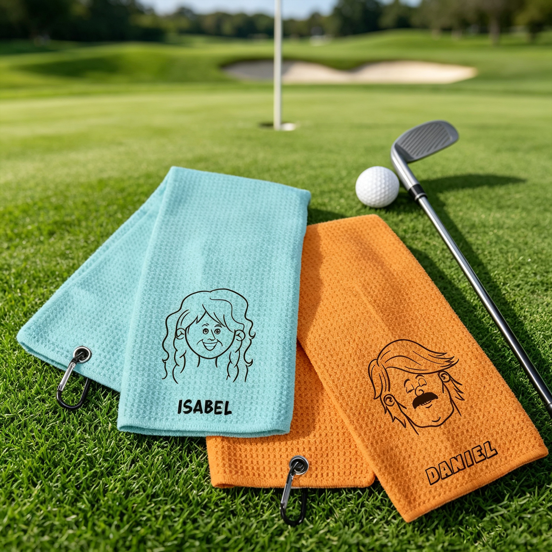 Personalized Comic Style Golf Towel with Name, Custom Character Waffle Golf Towel with Hanging Clip, Golf Gift for Golf Lovers