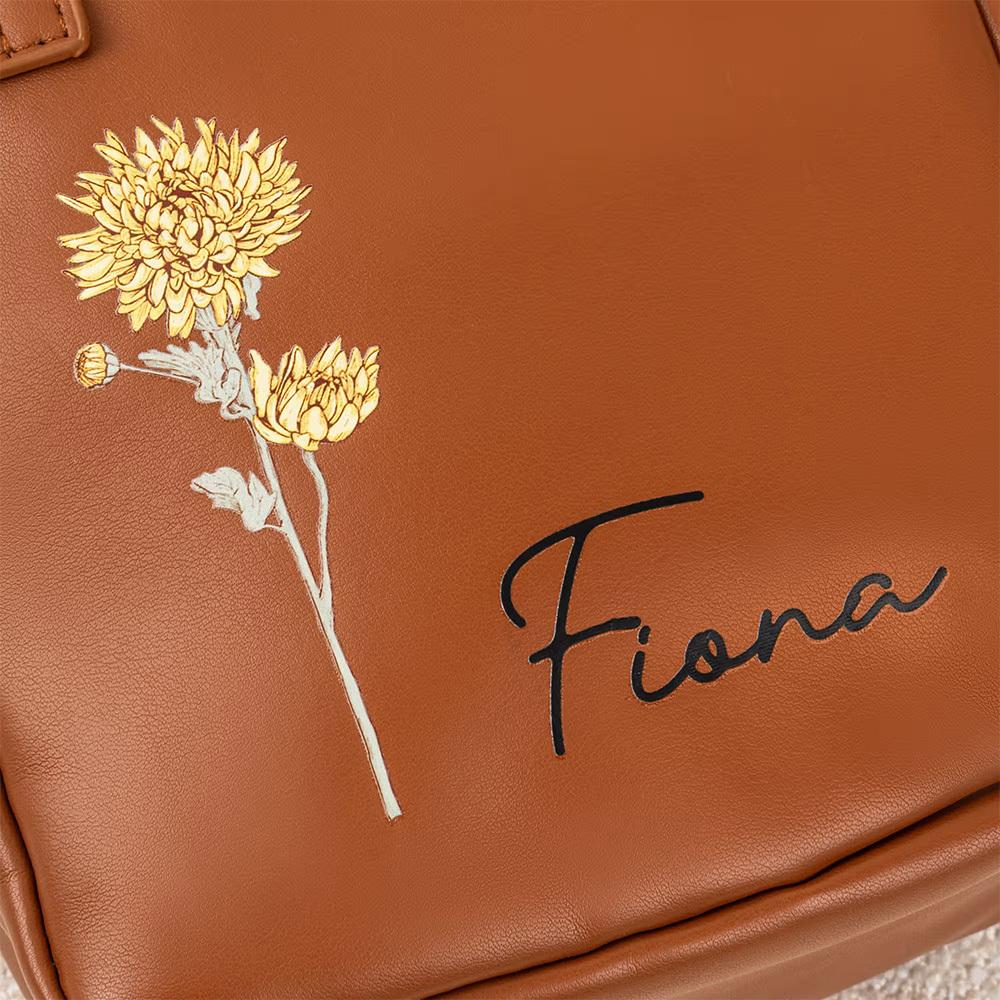 Personalized Birth Flower Makeup Bag with Custom Name, PU Leather Travel Cosmetic Case with Handle, Birthday Gift for Women