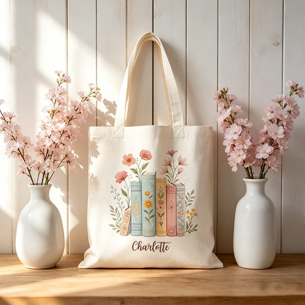 Personalized Floral Book Stack Tote Bag – Custom Name Canvas Tote for Book Lovers, Teachers & Librarians